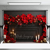 Aperturee Aperturee Elegant Christmas Fireplace Photography Backdrop Black Mantel with Red Poinsettias Holiday Studio Photo Prop